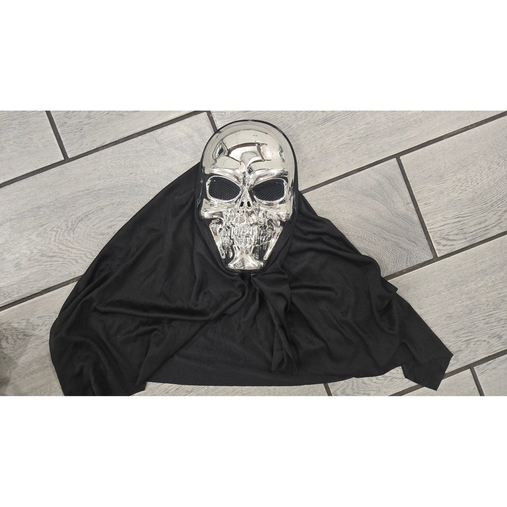 Chrome Silver Skull Mask with Black Hood Halloween Costume Cosplay Metallic